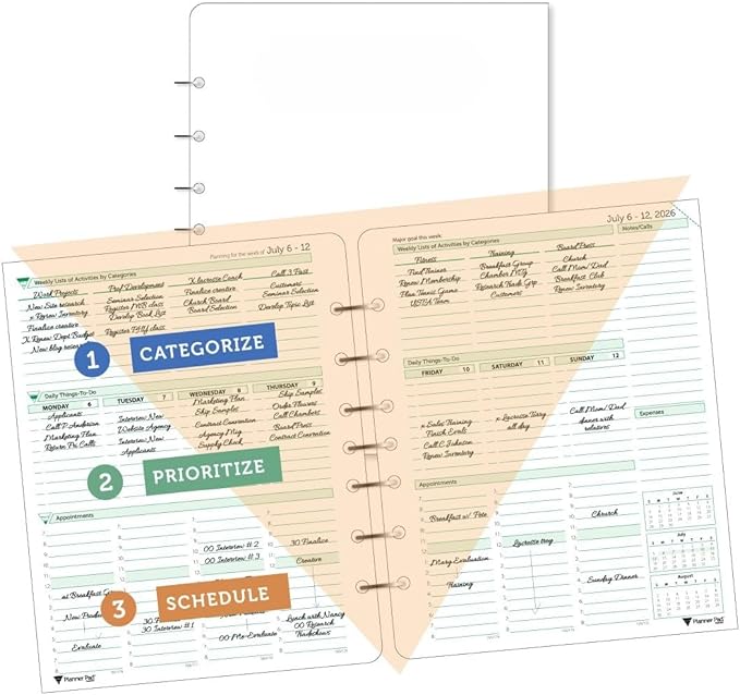 Planner Pad 7 Hole Loose Leaf 3-Tier Funnel Down 12 Month Medium Size Organizer, July 2026 – June 2027 / Academic Year, Soft Green Ink, 6 3/4" x 8 1/2"