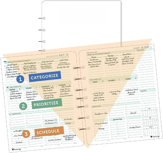 Planner Pad 7 Hole Loose Leaf 3-Tier Funnel Down 12 Month Medium Size Organizer, July 2026 – June 2027 / Academic Year, Soft Green Ink, 6 3/4" x 8 1/2"