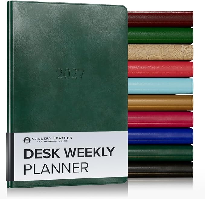 Gallery Leather Desk Weekly Monthly Planner 2027, Elegantly Bound Calendar Planner and Notebook with Stylish Gold-Gilded Page Edges, 12 Months - Acadia Green - 8x5.5"