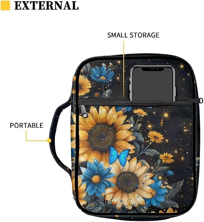 Coldinair Galaxy Bible Cover for Women Teens Kid Girls,Butterfly Sunflower Carrying Book Case Church Bag Bible Holder with Handle and Zippered Pocket