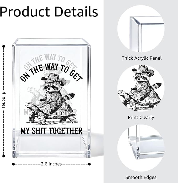 On The Way To Get Acrylic Pen Holder Cosmetic Organizer, Funny Raccoon Turtle Pen Pencil Holders for Desk, Desk Accessories Sarcastic Office Gifts for Coworker Raccoon Lover Teacher Friend