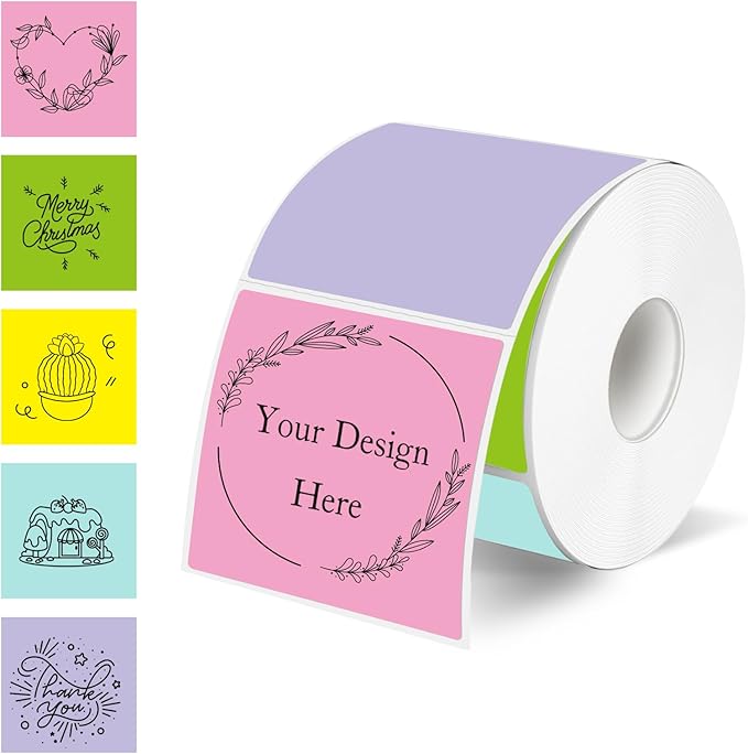 Square Thermal Labels Stickers 2" x 2", Self-Adhesive Waterproof Square Direct Thermal Labels Stickers, Perforation Line Design- 300 Sheets/Spring Colors