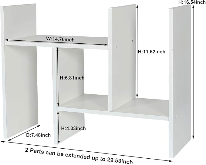 PAG Adjustable Desktop Shelf Wood Small Bookshelf Desk Supplies Organizers and Accessories Storage Display Rack Office Decor, White