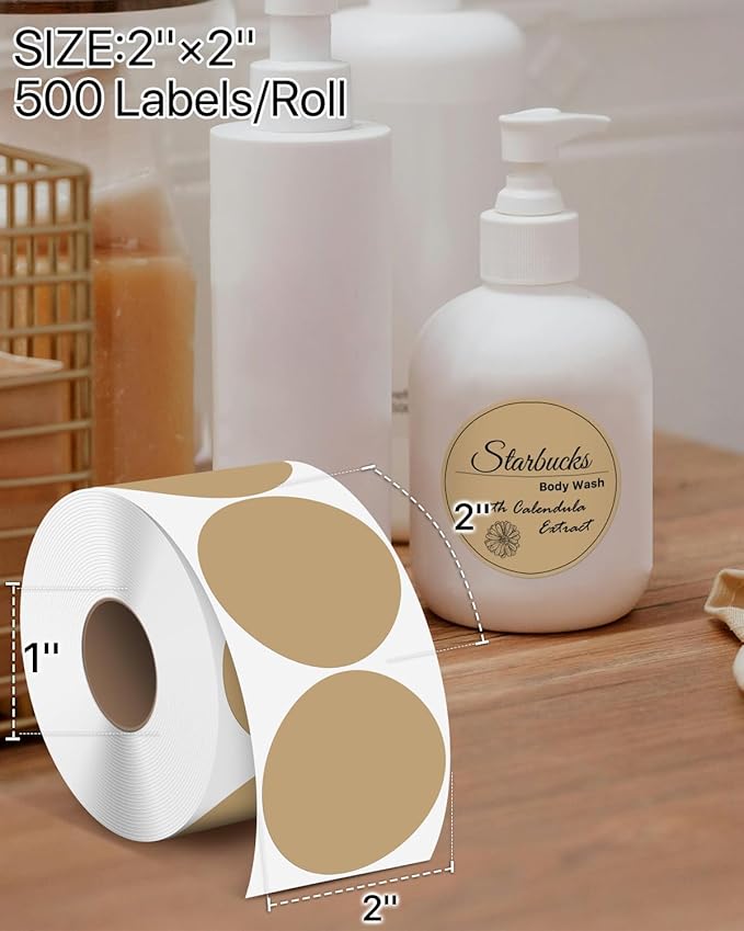 iEager 2 Inch Round Thermal Labels, Circle Thermal Printer Stickers, Durable Circular Label Printer Sticker for Business, Logo, Gift, 500 Labels/Roll, Brown