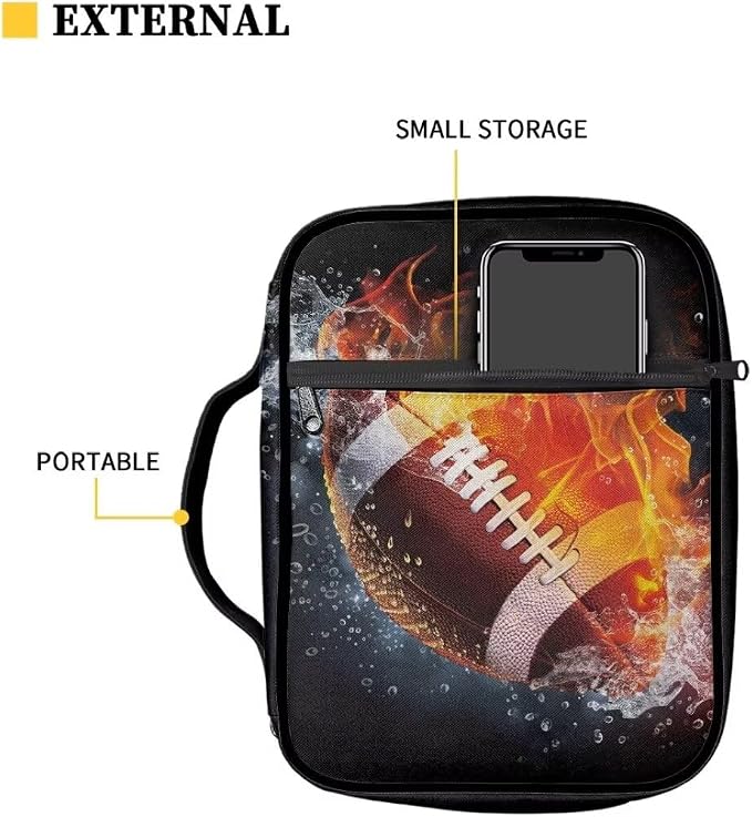 Coldinair Fire Water Football Bible Covers Bag for Men,Carrying Book Case Church Bag Bible Holder for Teens with Handle and Zippered Pocket