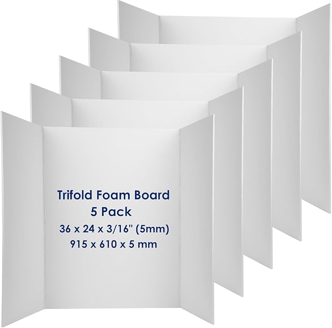 Trifold Poster Board Foam Core 24 x 36 x 3/16"(5mm) - 5 Pack - Tri Fold Posters Display Board, Acid Free, Double Sided, Posterboard Foamboard for Mounting, Prints, Art, Presentation and Projects