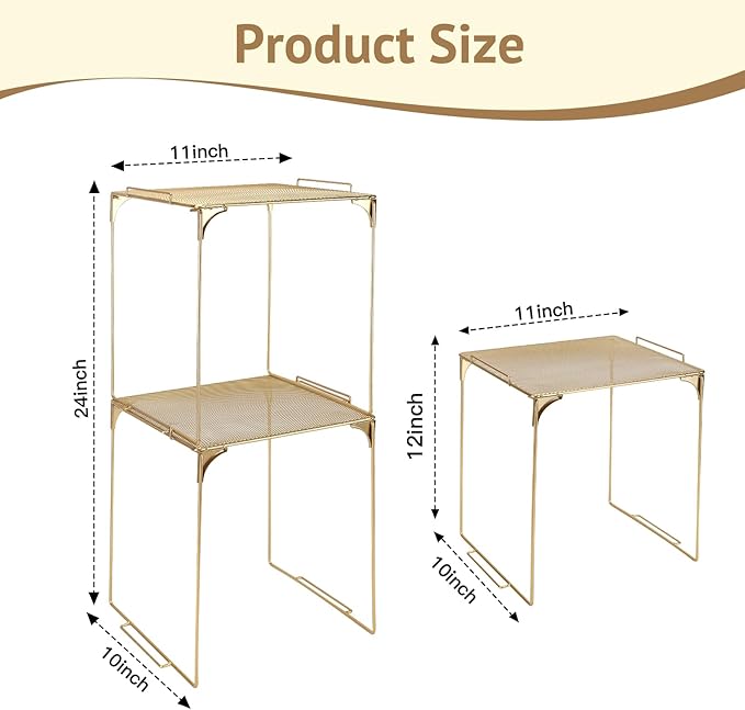 Locker Organizer Shelf Stackable Extra Locker Shelf for School Locker Organizer Storage Cabinet Accessories Suitable for School, Office, and Home use (2, Golden)
