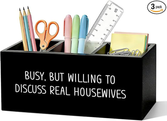 Funny Pen Pencil Holder for Desk, Funny Office Gifts for Coworkers, Busy But Willing to Discuss Housewives Wooden Box Sign Organizer for Office Workplace Desk Accessories Tabletop Decorations