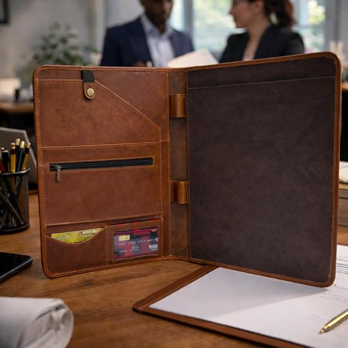 Leather Portfolio Padfolio Organizer – Professional Resume & Interview Portfolio Folder with Zipper Pocket, Card Slots & Pen Holders – Genuine Leather Business Portfolio Binder for Documents