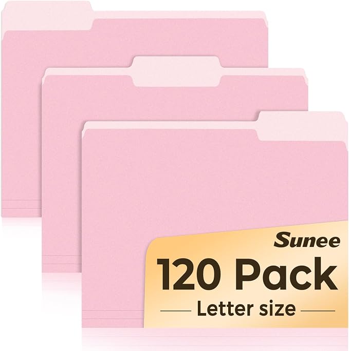 SUNEE File Folders, 120 Pack Manilla Folders 8.5 x 11, Colored File Folders Home Office School Supplies for Documents Files Paper, Pink