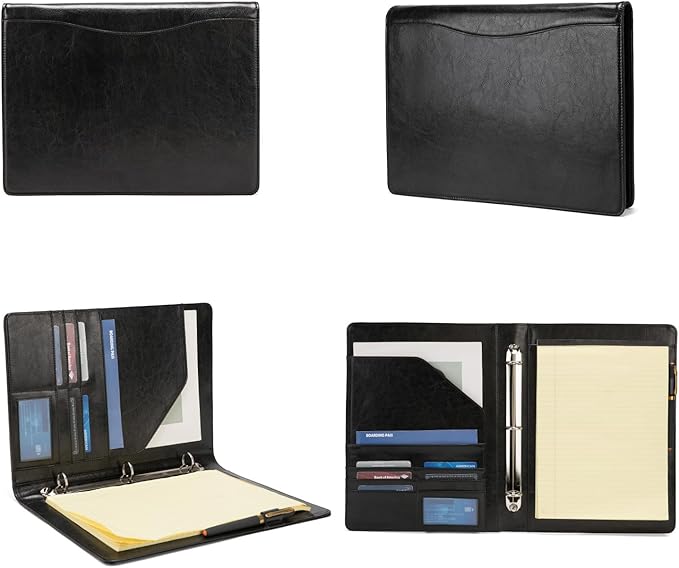 Vegan Leather 3 Ring Binder, 8.5 x 11 Letter Size Folio with Pen Holder, Soft Notebook Portfolio Cover, Slim Notepad Padfolio Thin File Organizer for Work Executive Meeting, Black
