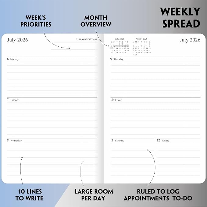 26-27 Academic Planner - Weekly and Monthly Planner, Jul 2026 - Jun 2027, Holidays, Contacts and Notes Pages, Vegan Leather Cover, Elastic Closure, 5.5”x8.25”, Grey
