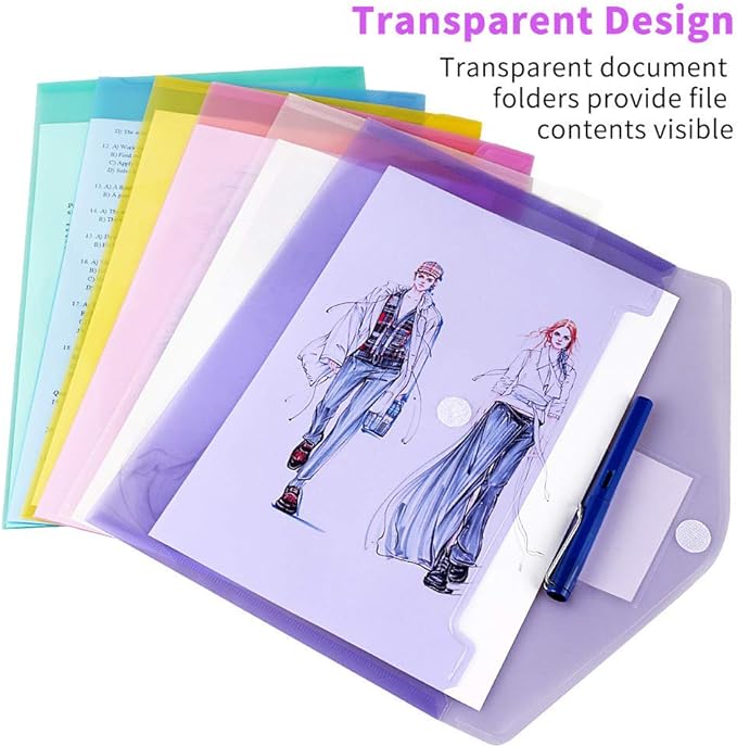 11 Pack Plastic Poly Filing Envelopes, Clear Document Folders US Letter A4 Size File Envelopes with Label Pocket & Paste Button for School Home Work Office Organization, 6 Assorted Color