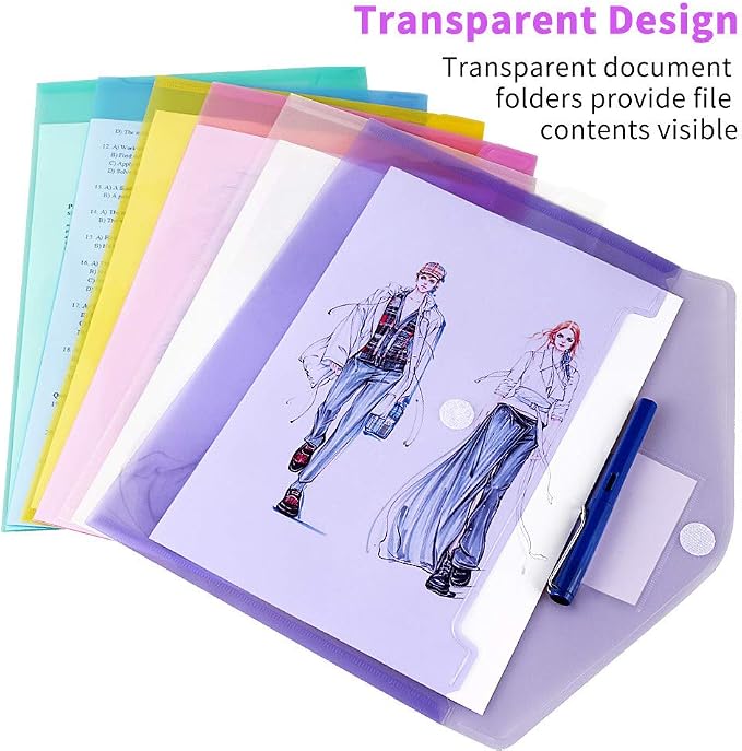 36 Pack Plastic Poly Filing Envelopes, Clear Document Folders US Letter A4 Size File Envelopes with Label Pocket & Paste Button for School Home Work Office Organization, 6 Assorted Color