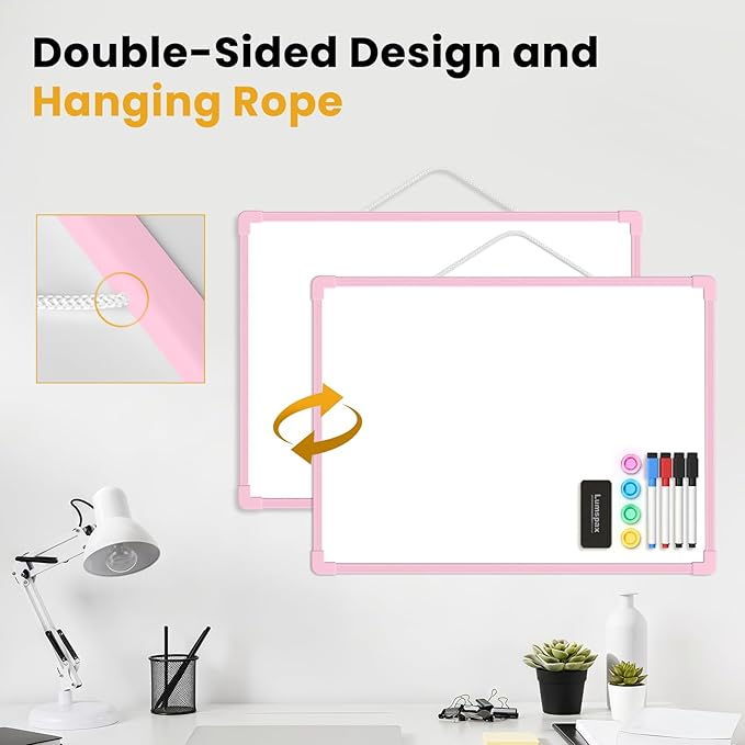 Pink Frame Small Dry Erase Board for Wall, 16" x 12" Double-Sided Hanging Whiteboard with 4 Markers, 4 Magnets and 3 Mini Sticky Notes, Portable Whiteboard for Home, Office, School