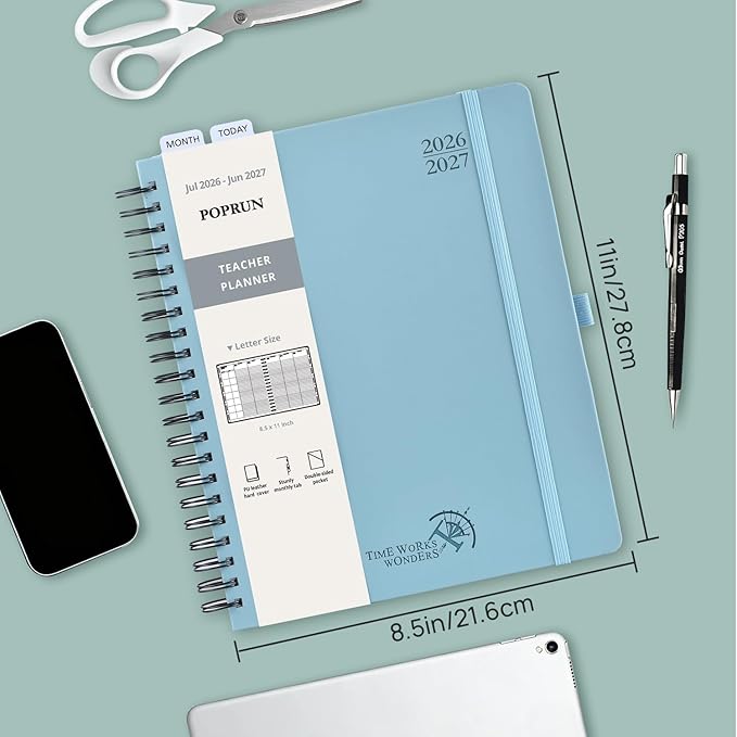 POPRUN Teacher Lesson Planner 2026-2027, (Letter Size - 8.5'' x 11'') Academic Planner July 2026 - June 2027 with Gradebook & Color Monthly Tabs, Thick Paper, 2-Sided Pocket, Leather Cover, Brown