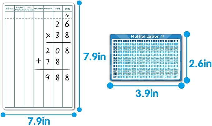 Dry Erase Long Multiplication Practice White Board, 8" x 12" Double Sided 2-Digits Math Learning with a 4" x 2.5" Multiplication Chart Board for Kids Students, Classroom and Home, Math Center