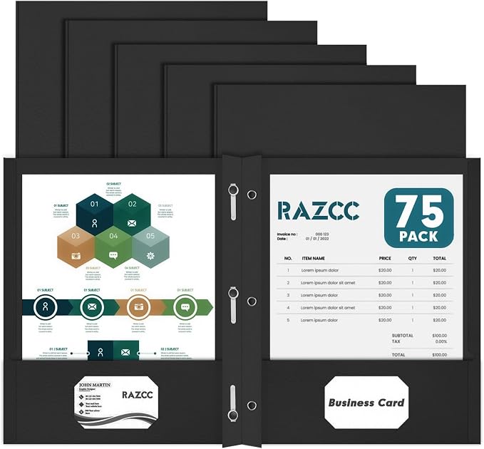 Two Pocket Folders, RAZCC 75 Pack Two Pocket Folders with Prongs, 3 Prong Folders Fit Letter Size Paper, Pocket File Folders for School Office Home Business, Black