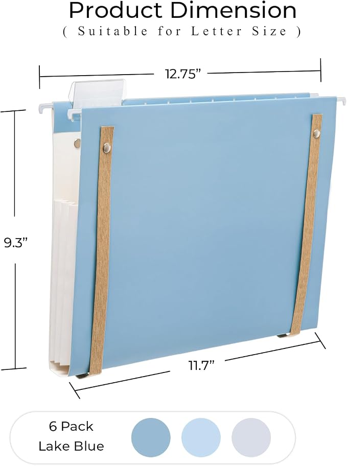 Y YOMA 6 Pack Extra Capacity Hanging File Folders with Handle Letter Size Accordion Decorative Reinforced File Folder Cute Colored Expandable Portable Folder with 1/5-Cut Adjustable Tabs, Lake Blue