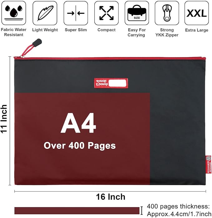 Rough Enough Important Document Storage Plastic File Folder Organizer Bag with Zipper 16 x 11 Inches Black Tarpaulin Water Repellent for Travel Office | 16 x 11 Inches, Organizer Holds 400+ A4/Legal Pages, YKK Zipper, Tarpaulin Water Repellent, Wipe Cl...