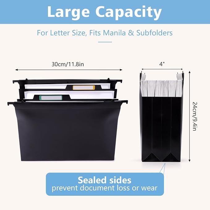 Plastic Extra Capacity Hanging File Folder Folders, 4" Expansion Hanging Organizer Designed for Bulky Files,Letter Size, Retractable Hooks,Movable Dividers, Insertable Tabs, 6 Pack