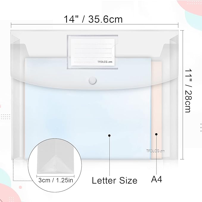 12 Pack Large Clear Folders for Documents,Legal Size(11×14 inch),TFDLCG zm Plastic Envelopes with Snap Closure,Poly Envelope File Folder with 1 Inch Expansion,for School Home Office Organizer