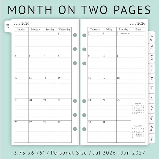 newestor 2026-2027 Weekly & Monthly Planner Refill, 3-3/4" x 6-3/4", Jul 2026 - Jun 2027, Personal/Compact/Size 3