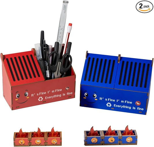 Dumpster Fire Pencil Holder with Wooden Flame Notes, Funny Desk Accessories Decor, Office Garbage Fire Coworker Gifts, Birthday, Friends, Relief Stress (2 Pack Red-Navyblue, Assemblable)