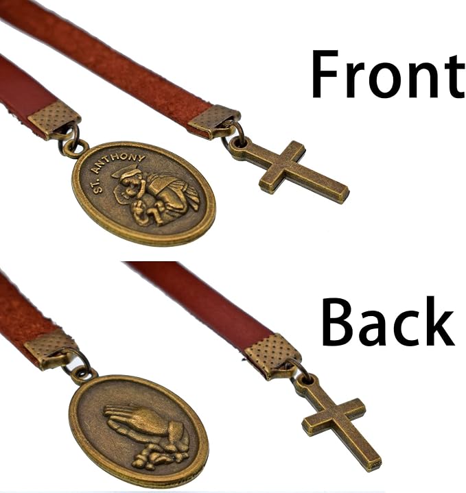 BLBMH Genuine Leather Bible Bookmark with Cross | Catholic Gifts for Men Dad | Christian Book Marker with Ribbon - Saint Anthony - LB3