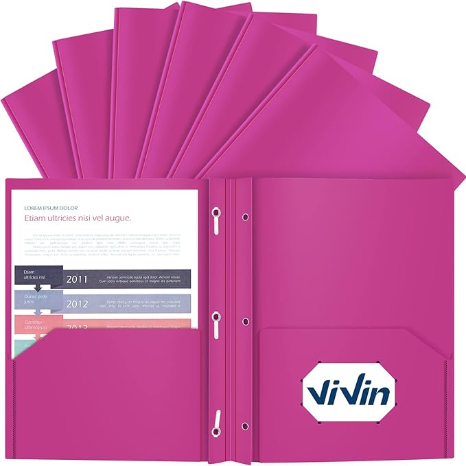 ViVin 12 Pack Plastic Folders with Pockets and Prongs, Heavy Duty 2 Pocket Folders with 3-Prong Fasteners, Poly File Holds 8-1/2" x 11" Paper for School Office Home (Purple)