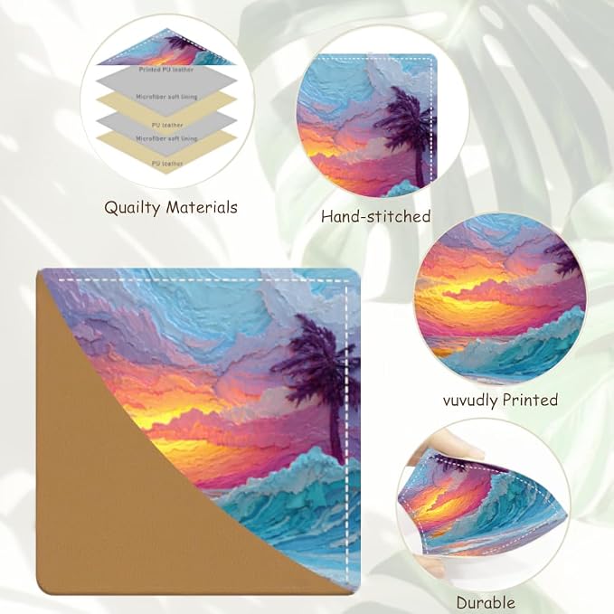 2PCS PU Leather Bookmarks 3.5x3.5 Inch Sunset Palm Wave Design | PU leather bookmarks for books with sunset palm wave design for vacation journals, beach reads, coastal decor lovers