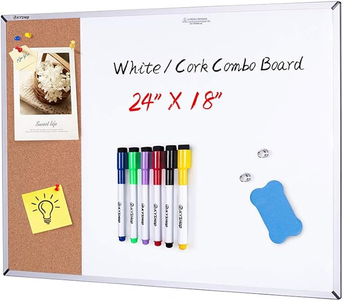 White Board & Cork Bulletin Board, 24" X 18", Combination Dry Erase Board & Cork Board, Vision Board for Home, Office, School - Includes 6 Magnetic Markers, 1 Eraser, 2 Strong Magnets and 10 Pins.…