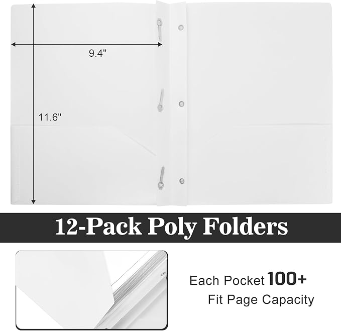 12-Pack Plastic Folders with Pockets and Prongs, 2-Pocket Poly Folders with 3 Fasteners Holds 8-1/2" x 11" Paper for School/Office/Home, White