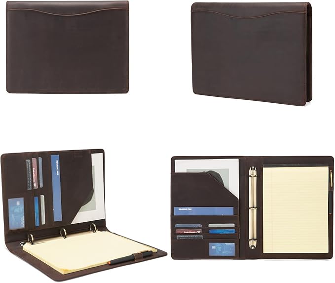 Personalized Genuine Leather 3 Ring Binder, Custom Engraved 8.5 x 11 Letter Size Folio with Pen Holder, Soft Notebook Portfolio Cover, Notepad Padfolio Organizer for Meeting, Dark Brown