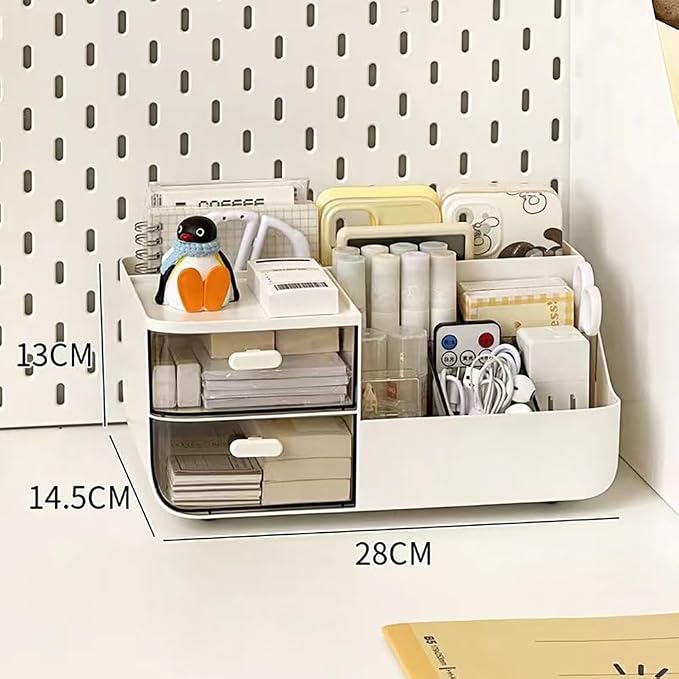 Drawer Organizers Accessories with 7 Compartments and 2 Drawers, Large Capacity Cosmetic Display Case, Pen Holder, Art Supply Storage Box Caddy for Office School and Home