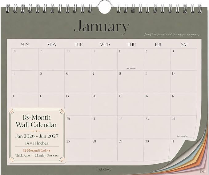 meDolove Spiral Hanging 18-Month Wall Calendar 2026-2027,14" x 11" | 12 Morandi Neutral Color Pages,July 2026-Jun 2027,No-Bleed Paper,for Women, Working Moms, Office