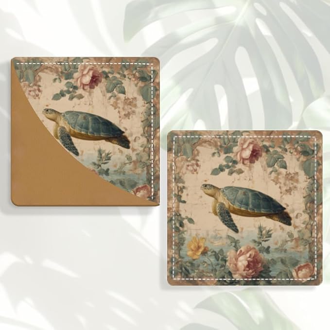 2PCS PU Leather Bookmarks 3.5x3.5 Inch Turtle Floral Garden Design | PU leather bookmarks for books with turtle floral garden design for nature journals, reading clubs and animal lovers.