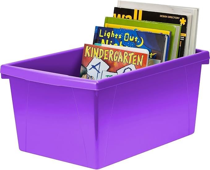 Storex 5.5 Gallon Storage Bin – Plastic Classroom Organizer for Books and Supplies, Violet, 1-Pack (61486A06C)