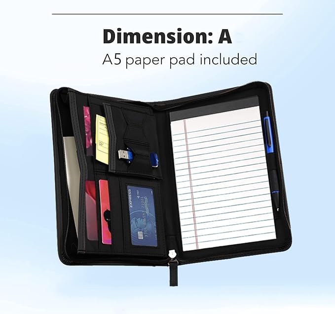 Lcjtop Junior Business Padfolio - A5 PU Leather Portfolio Binder & Zippered Binder Folder with 5 x 8 Writing Pad and Interior Storage Pocket Executive Business Organizer for Men Women,Black