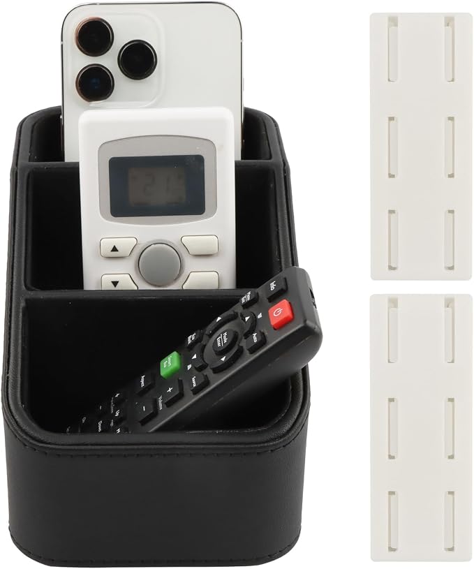 PU Leather Remote Control Holder, Small TV Remote Holder with 3 Compartments, Bedside Table Desktop Organizer for DVD, Media Player, Heater Controllers, Cosmetics, Office Supplies(COLOR:Black)