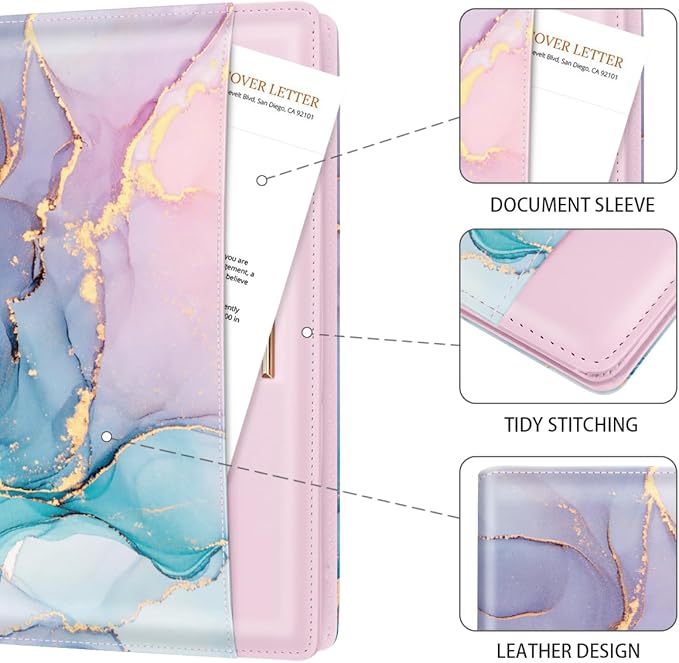 Padfolio/Resume Portfolio Folder for Women Men, WAVEYU Cute Chic Padfolio Cover Folder, Conference/Legal Document Organizer with Letter/A4 Size Clipboard, Document Sleeve, Pink+Blue Gold