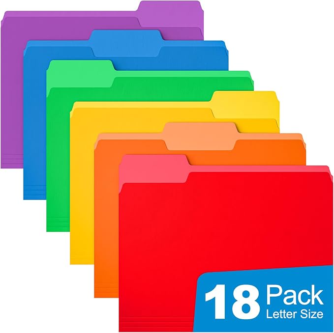 HABGP 18 Pack Manilla Folders 8.5 x 11 Inch, 1/3-Cut Tab Colored File Folders Letter Size, Paper File Folders, Manila Folders Home Office School Supplies for Documents Files, 6 Assorted Colors