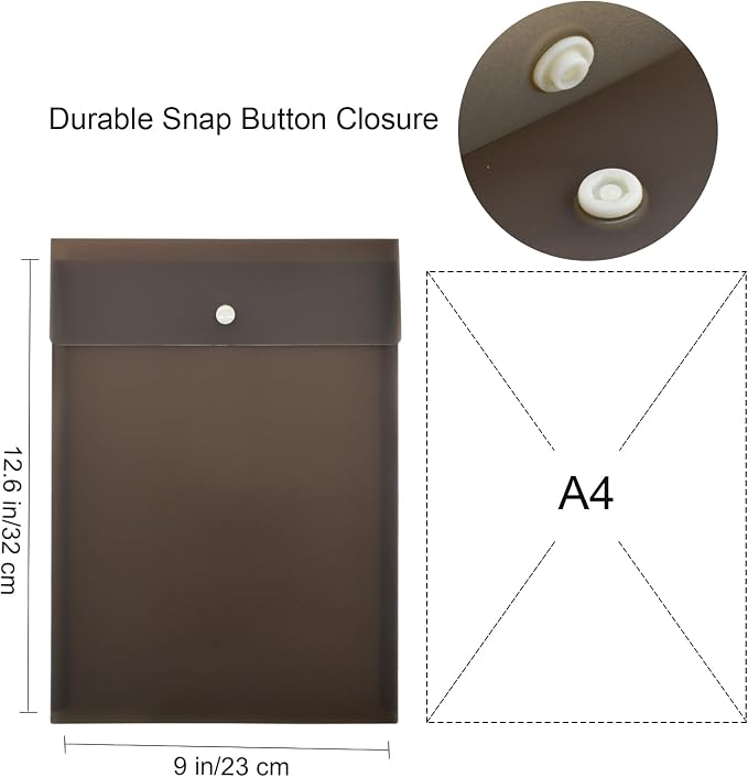 VANRA Vertical File Folders Poly Filing Envelope Plastic Project Folder with Snap Button Closure for A4 Letter Size Paper (Pack of 5, Brown)