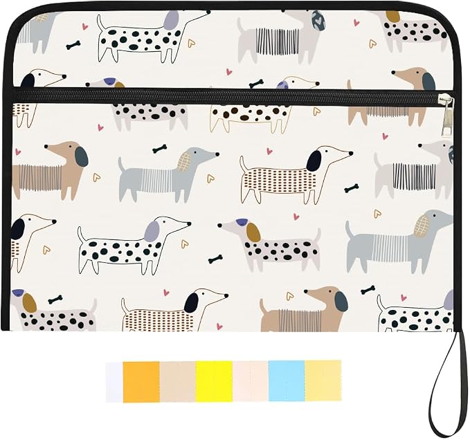 WEBEEDY 13 Pockets Expanding File Folder Cute Dachshund Accordion File Organizer with Labels and Zipper, Adorable Dog Bone Prints Document Organiser Portable for A4 Paper Receipt Paperwork Office