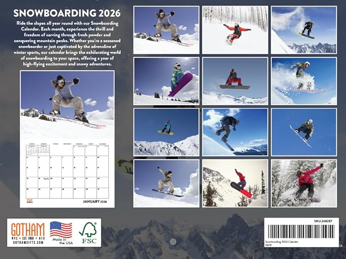 Snowboarding Calendar 2026 Snowboard Monthly Wall Calender 12 Month | American Made In The USA