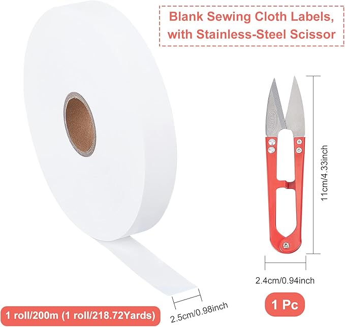 FINGERINSPIRE 656 Feet White Clothes Name Labels Tags 20mm Blank Sewing Cloth Labels with Stainless-Steel Scissor Personalized Polyester Clothing Labels Washable Name Tapes for School College Uniform