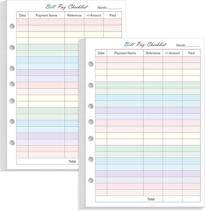 (2-Pack) Payment Checklist Refills Paper for Mini 3 or 7 Ring Binders - 50 Sheets/100 Pages Colorful Monthly Budget Forms, 7 Hole Punched/Desk Size 4, 100 gsm White Paper, 5.8" x 8.3"