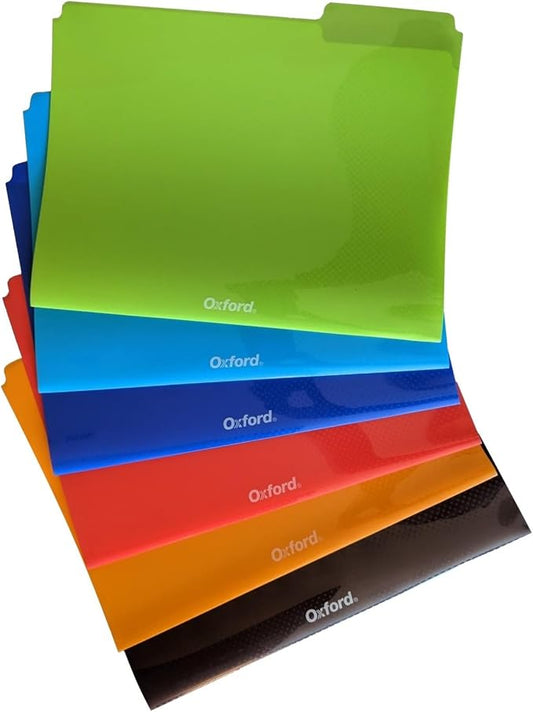 Oxford Poly File Folders, 6 Pack of Plastic File Folders, 1/3 Cut Tabs, for Letter Size Papers, Blue, Red, Orange, Light Blue, Green, Black (52004)