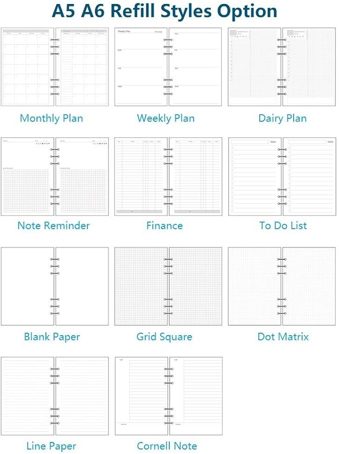 A6 Binder Refill,6 Ring Binder Inserts,for Filofax/Personal Journal, Blank and Grid, 45 sheets/90pages, 100Gsm Quality, Harphia (A6 3.74 x 6.77'',Noterecord)