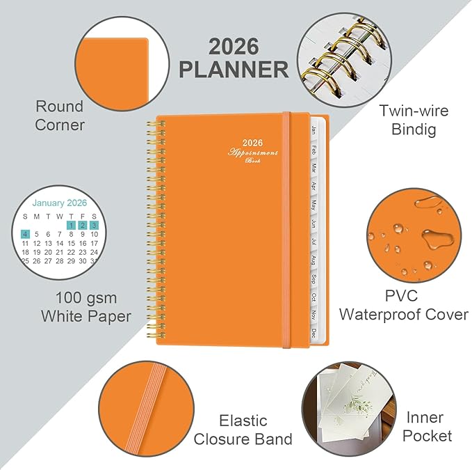 2026 Appointment Book & Planner - 2026 Daily Hourly Planner from January 2026 - December 2026, Weekly Appointment Book with 30-Minute Interval, Medium 6.4" x 8.5", Orange-D